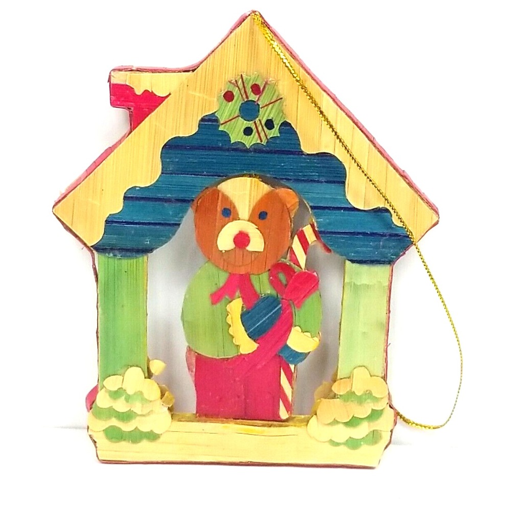 Vintage Asian Bamboo Teddy Bear Christmas Ornament Handmade Original